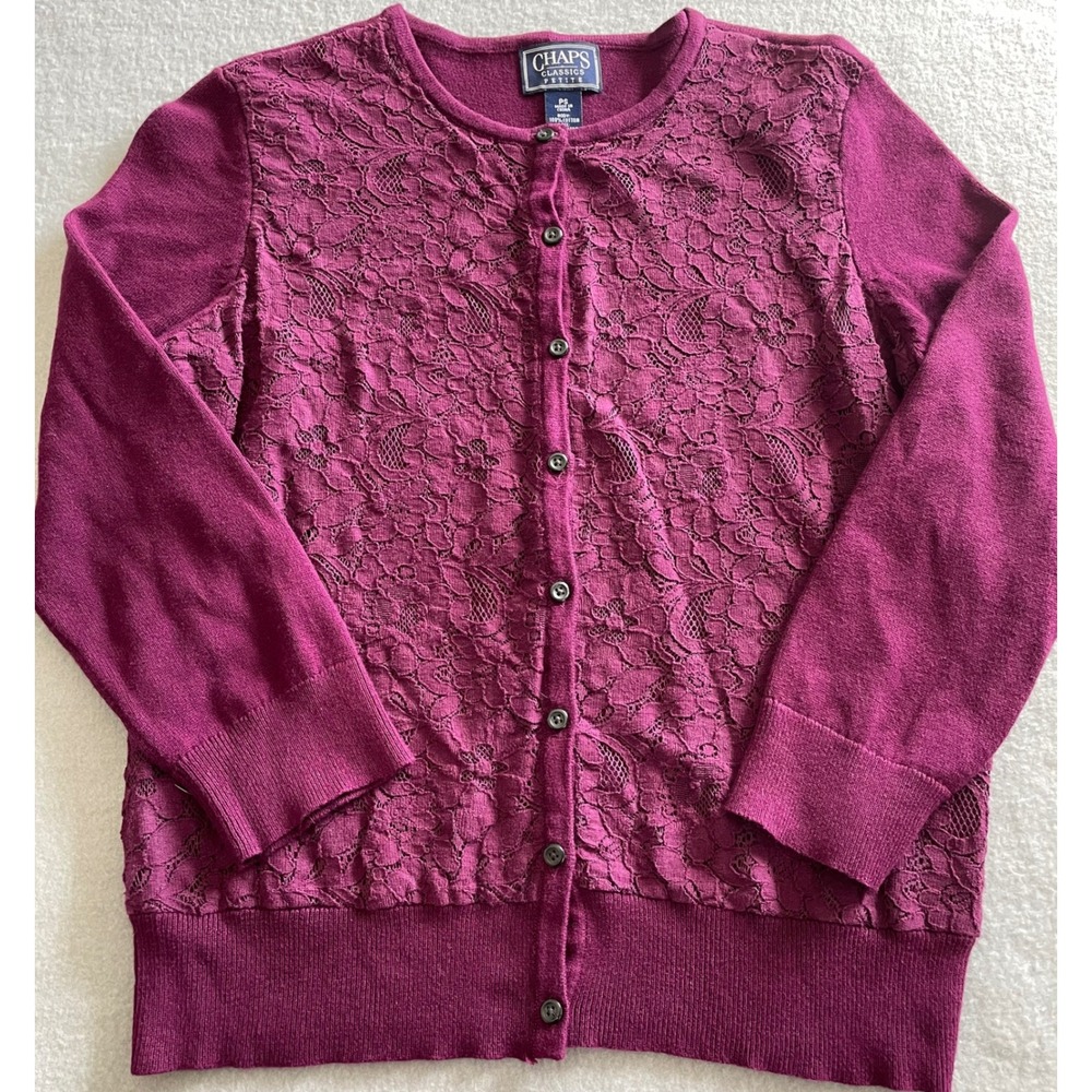 Chaps Classics Petite Purple Floral Lace Front Cardigan Sweater PS Cotton Plum